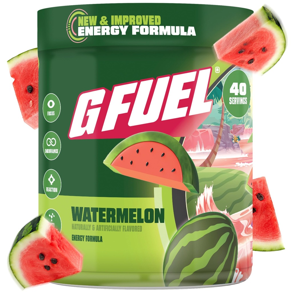 GG bahan bakar Semangka Energi Powder, Kafein Pre Workout Mix untuk Gaming, Sugar Free Focus Amino, Vitamin + Antioksidants, 9.9oz (Watermelon, 40 Servings)