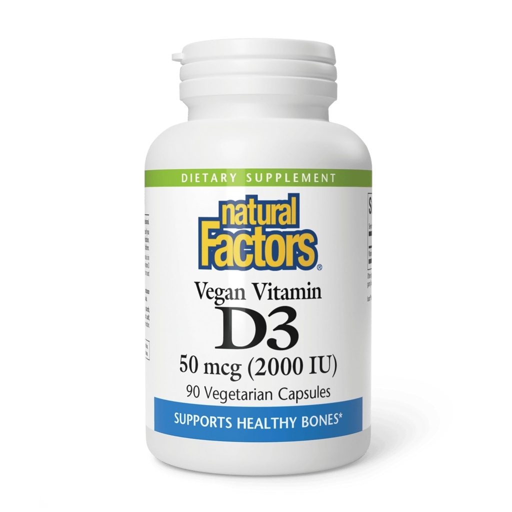 Faktor Alam Vegan Vitamin D3 2000 IU - Mendukung Bone & Imune Health - Plant - berbasis Cholecalferol - Vegetarian Capsules - 90 Capsules (90 Pelayan)
