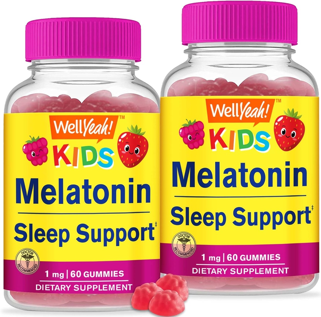 WellYeah Kids Melonatin Gummies 1 mg (2 Pack) - Drug-Free Sleep Aid Gummy Suplement, Sleep Support for Kids - Gluten Free, Gelatin Free, Non GMO, Vegetarian - Natural Sourced Flavor - 60 Gummies