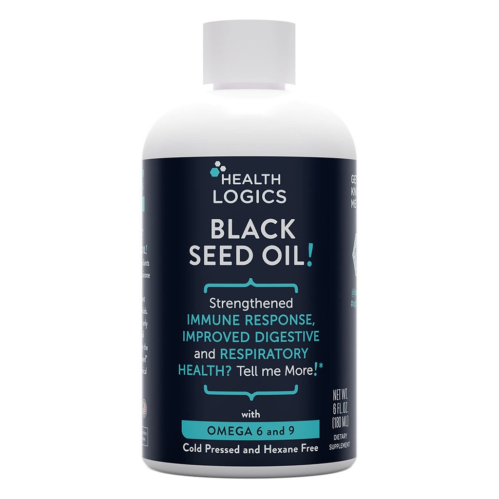 Logics Kesehatan Minyak Benih Hitam 124; Sumber Kaya Omega 6 & Omega 9 124; Murni Dingin Cumin Hitam Minyak Benih untuk Repiratory, Digetical, dan Imune Kesehatan 124; 6 fl oz