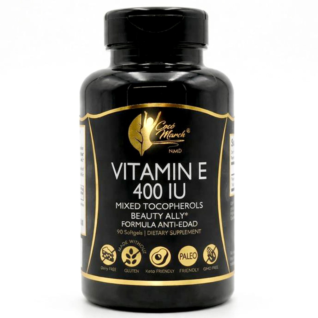 CocóMarch NM.D Natural Vitamin E 400 IU- Mixed Tokopherols, Beauty Ally, 3 Bulan Supply - Gluten Free, Paleo Friendly, Dairy Free, Keto Friendly, GMO Free, 100 Softgels