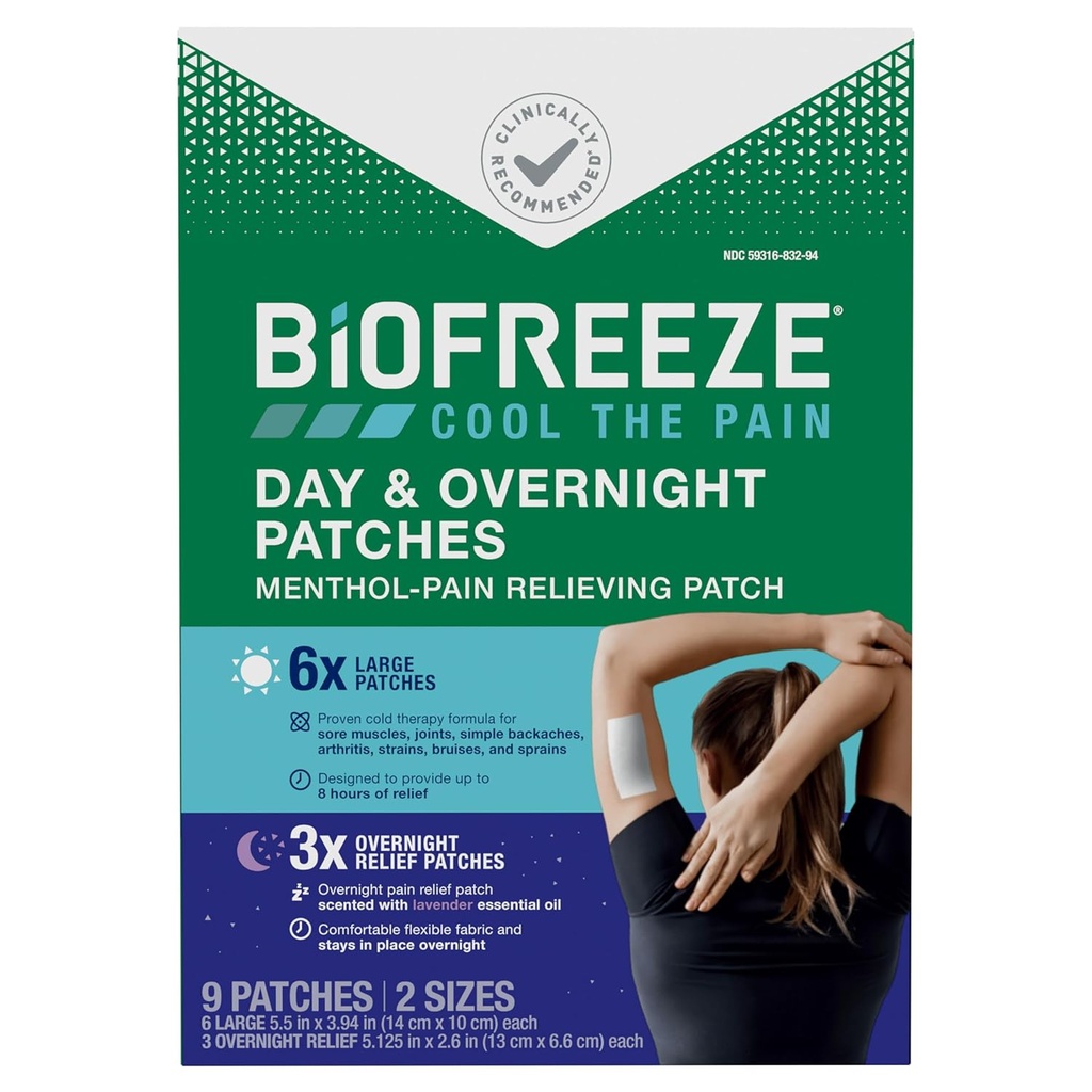 Biofreeze Day & Overnight Pain Relief Patch, Menthol Pain Patches for Arthritis & Muscle Pain Relief, Comfortable & Flexible Fabric Stays in Place, FSA / HSA Eligly, 9 Patches (6 Hari, 3 Malam)