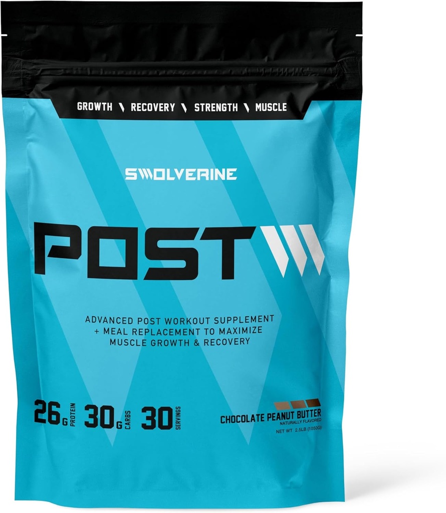 Swolverine Post 124; Post Workout Recovery and Muscle Building Formula, Pea Protein Isolate, Pea Starch Carb10, L- Glutamine, Coconut Water (Chocolate Peanut Butter, 30 Pelayan)