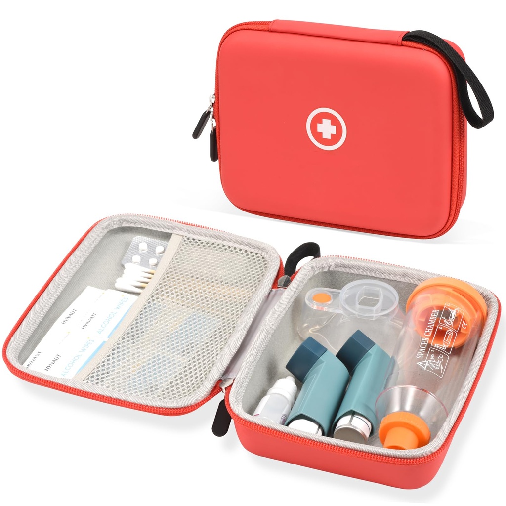 Kasus Perjalanan Keras Fukumi untuk Astma Inhaler, Kasus Inhaler Spacer untuk Anak-anak dan Dewasa, Masks, Kasus Aksesoris Astma dengan Pocket Mesh untuk Kedokteran dan Aksesoris Lain, Merah (Hanya Case)