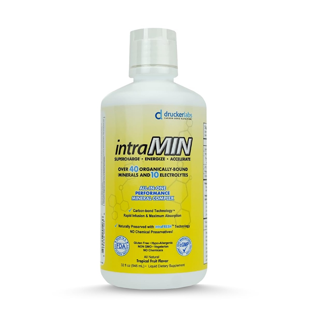 Lab BRUCKER - Intramin Organic Liquid Trace Minemonial Dietary Suplemen untuk Pria, Perempuan, Anak-anak, Dukungan Imune, GMO Non, Gluten Free, Vegan, Electrolytes (32 oz, Tropical Fruit Punch)