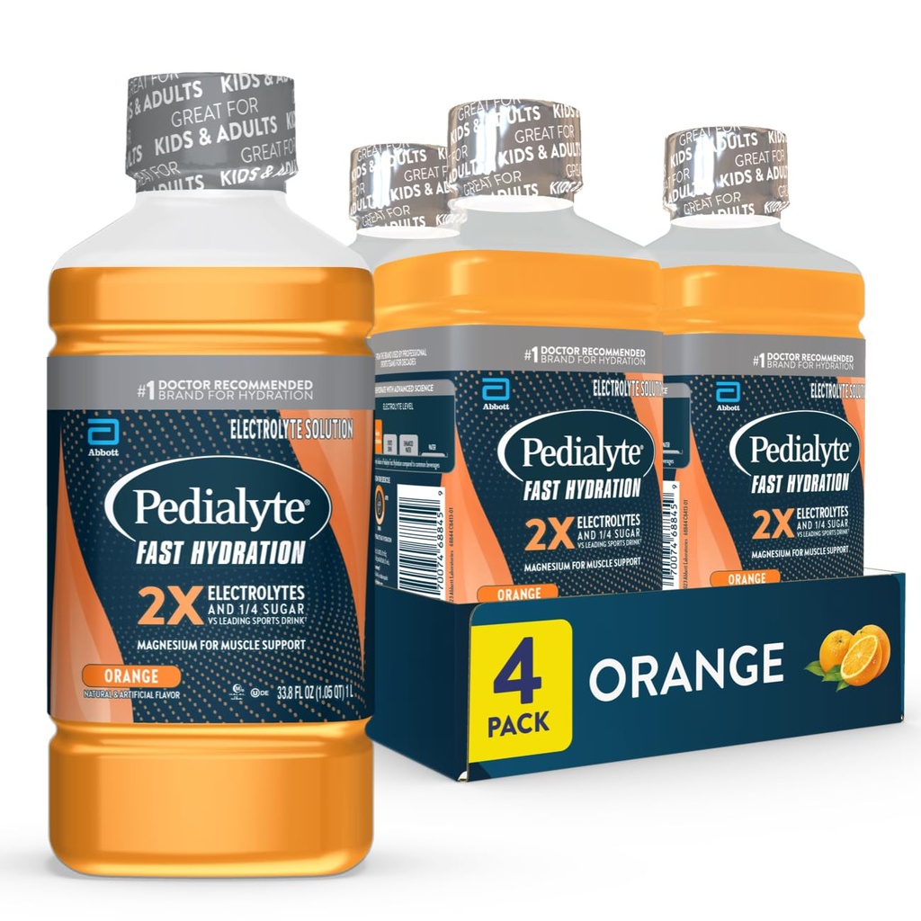 Pedialyte Fast Hydration Electrolite Solution, Orange, Hidration Drink, 33.8 Fl Oz (Paket 4)