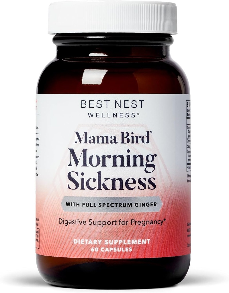 Best Nest Wellness Mama Bird Morning Sickness Relief - Persediaan Lembut Terhadap Sickness Pagi - Tambahan dengan Ginger Extract & Root Powder - 60 Kapsul