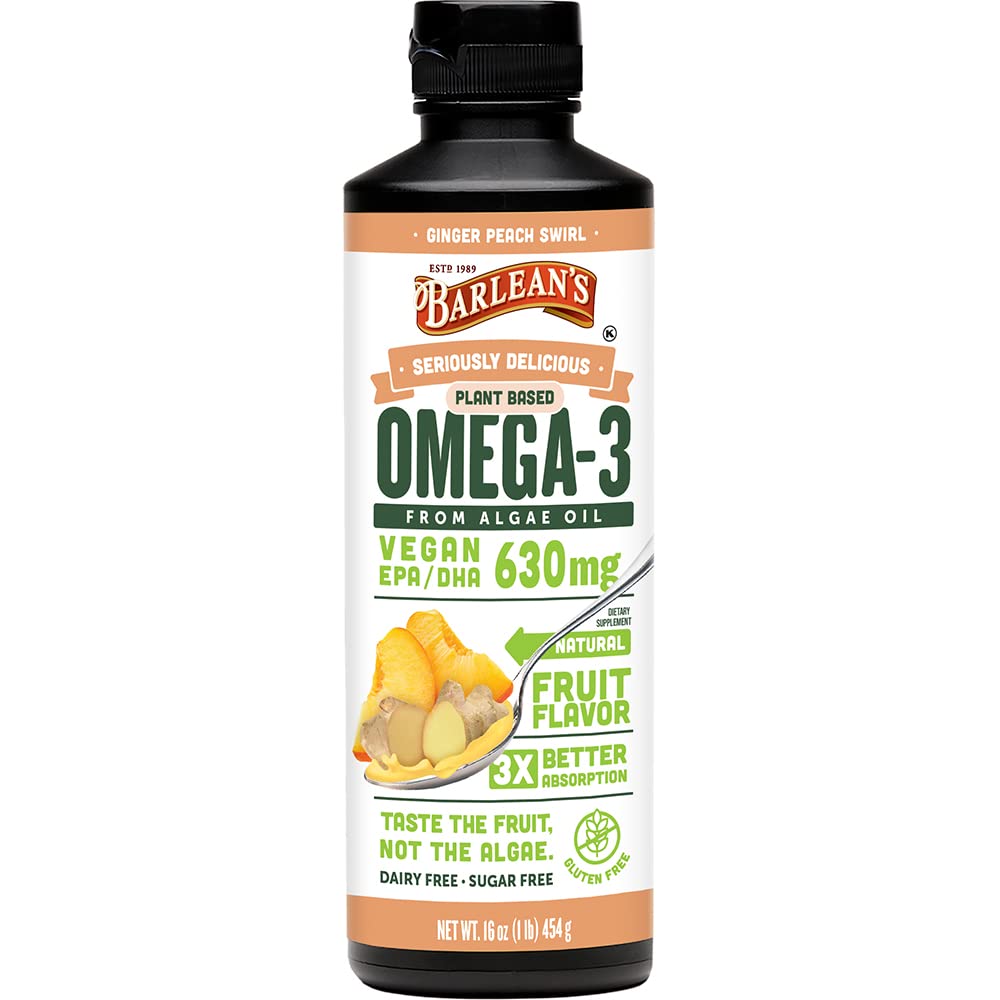 Barlean 's Ginger Peach Vegan Omega 3 Suplemen, Algae Oil Liquid dengan 630 mg EPA & DHA, Tanaman berbasis Omegas dari Algal Oil, Non- GMO & Gluten Bebas, 16 oz