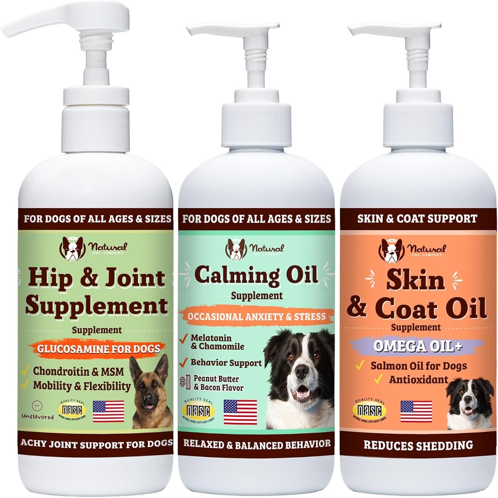 Perusahaan Anjing Natural Wellness Bund $le untuk Dogs, Food Topper, Supplemen Cair dengan (1) Skin & Coat Oil, (1) Iquid Glucotamine, (1) Calming Oil