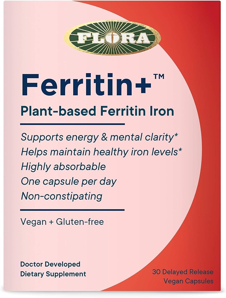Flora Ferritin + Delayed- Rilis Iron Suplement - Plant-Based Iron Suplemen - Blood Cell & Energy - Vegan & Gluten- Free - Blister Pack - 30 Vegan Capsules