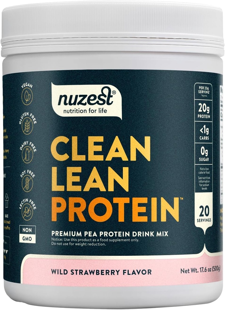 Nuzest - Pea Protein Powder - Lean Protein Clean, Premium Vegan Plant Based Protein Powder, Dairy Free, Gluten Free, GMO Free, Protein Shake (1.1 Pound (Pack of 1), Wild Strawberry)
