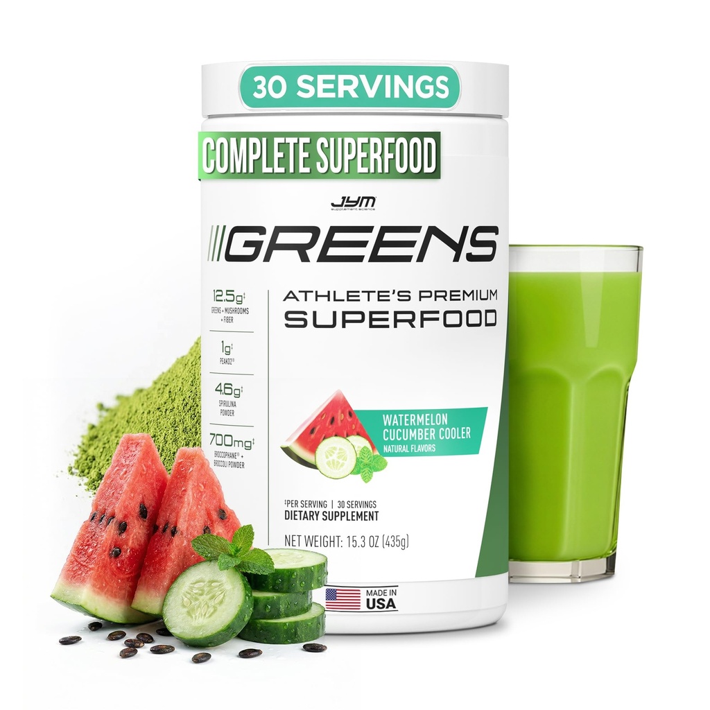 JYM Greens SuperFood Powder for Performance, Semangka Semangka, Spirulina, Jamur, Vitamin, BroccoPhanpe & Brokoli, Pria & Perempuan, 30 Servis