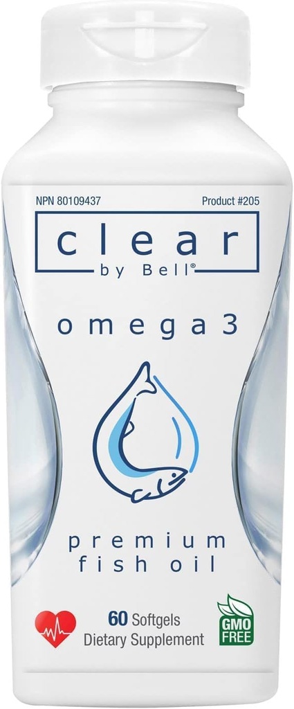 Bell Clear Omega 3 Ikan Suplemen, 2000 mg per Serving - Burp Free Premium, Clean and Clear, No Fishy Taste (bersendawa), Cholesterol Free, GMO dan Allergen Free, 60 Softgeels
