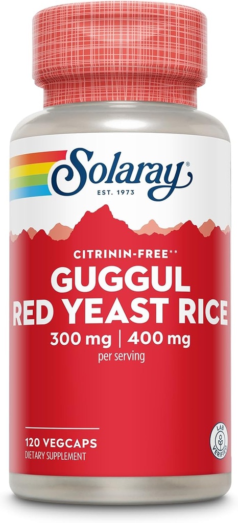 SOLARAY Guggul Gum Extract & Red Yeast Rice - Healthy Cardiovascular Fungsi Dukungan - Lab Verifikasi - 60 Servis, 120 Vegan Caps