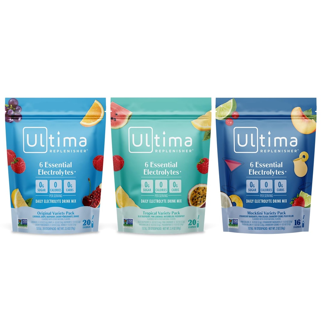 Ultima Replenisher Daily Electrolite Powder Mix - Sugar Free - Tropical, Mocktini, Original Variety, 56 Stickbags - Paket Hidration - 6 Electrolytes dan Mineverse - Keto, Non-GMO