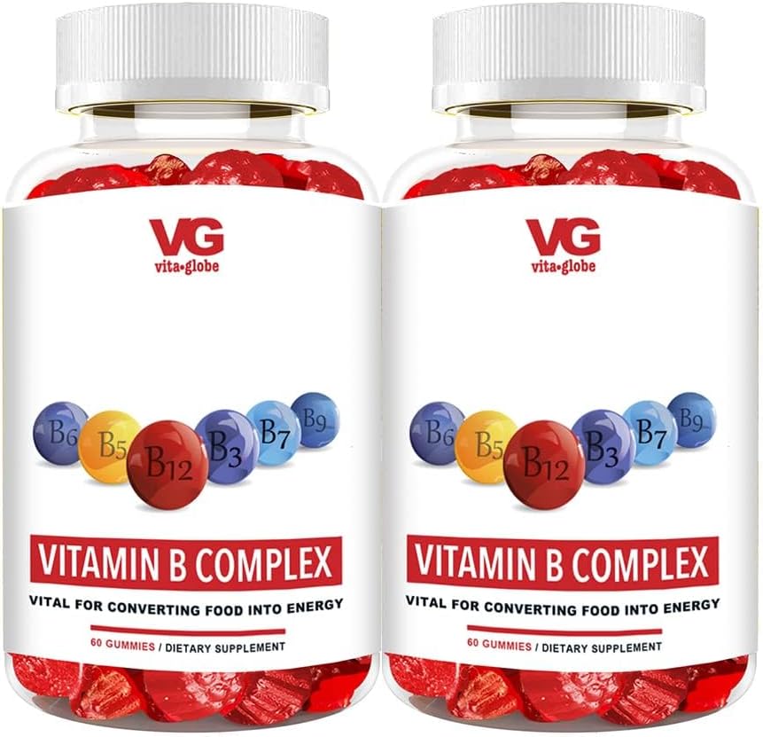 VITA GLOBE B Complex Gummy Vitamin - Strawberry Flavor with Vitamin C, Niacin, B6, B12 & Biotin for Energy, Heart Health and Brain Dukungan, 120 Count (Paket 2)