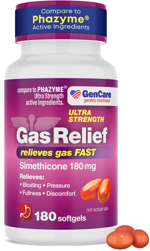 GenCare - Ultra Kekuatan Simeticon Gas Relief 180 mg (180 Softgels) Aver124; AntiFlatulence, Bloating Aid, Stomach Discomfort dan Gas Pressure Reliver Pilever 124; Relieves Gas Fast 124; Generik Phazym
