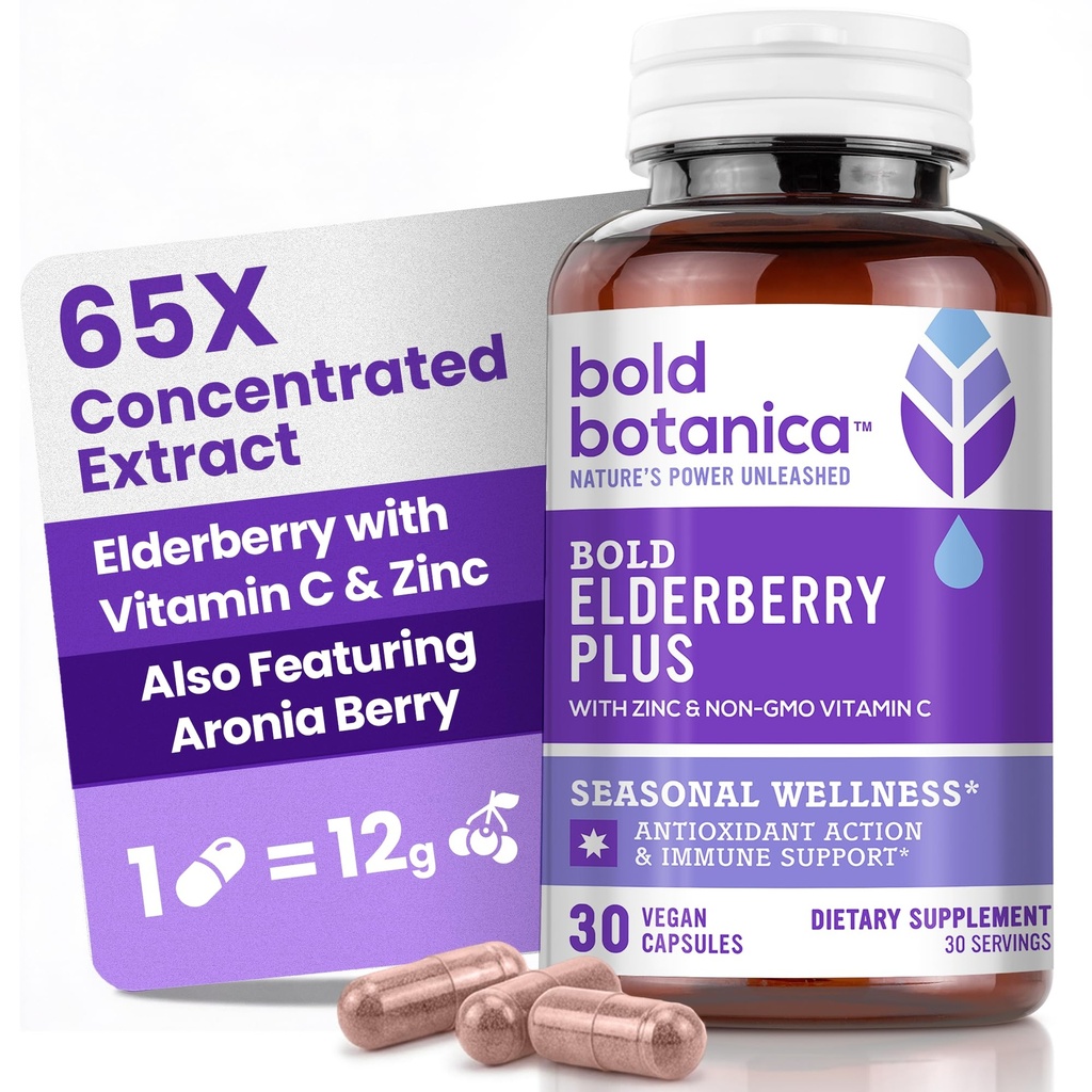 Tebal Botanica Elderberry Plus - 65x konsentrasi Ekstrak Elderberry Hitam dengan Zinc & Vitamin C untuk Dukungan Ammune Harian & Seasonal Wellness - Non-GMO, 30 Vegan Capsules