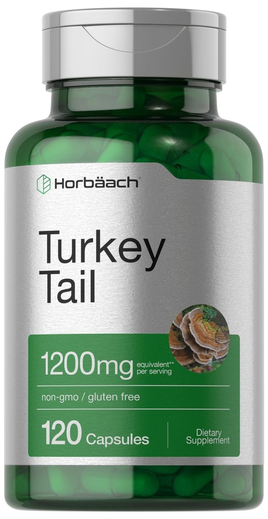 Horbäach Turkey Tail Mushroom Capsules 124; 1200mg 124; 120 Count 14; Non- GMO dan Gluten Free Extract