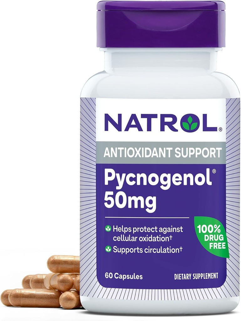 Natrol Pycnogenol Capsules, Antiokhidant Protection, Tambahan Perlindungan Terhadap Oxidation Seluler dan Kerusakan Terkait, Ekstrak Maritim Pine Bark Eropa, Pengaturan Sirkulasi, 50 mg, 60 Count
