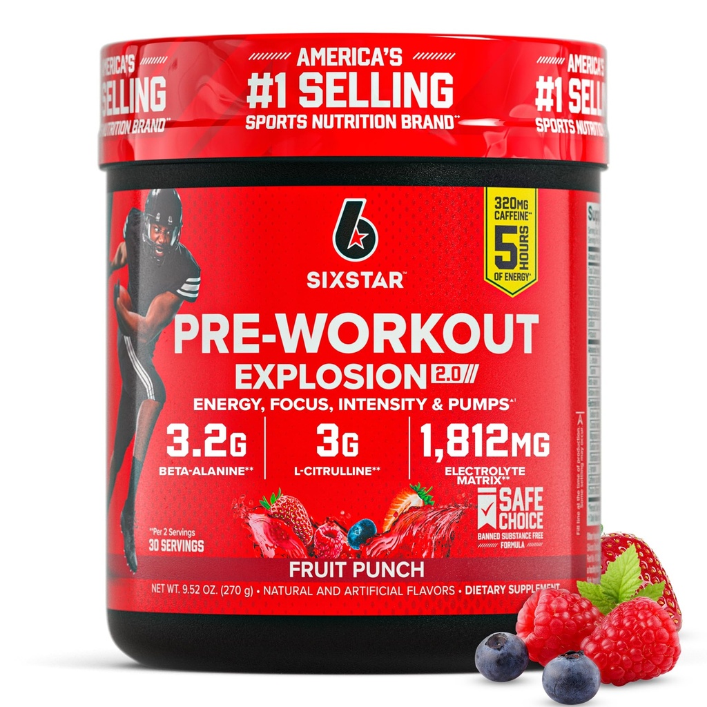 Six Star Pre-Workout Powder for Men & Women, Fruit Punch (30 Servings) - Pretraining Explosion 2.0 Energy Powder Drinder Drink dengan Beta- Alanine & Caffeine - Sports Nutrition Suppplemen