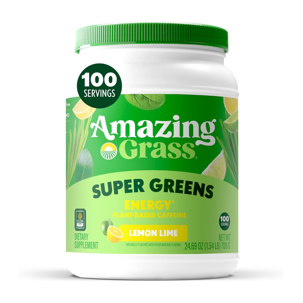 Amazing Grass Green Superfood Energy: Super Greens Powder & Plant Based Caffeine with Green Tea, Beet Root Powder & Flax Seed, Lemon Lime, 100 Pelayan (Packaging May Vary)