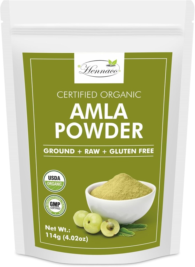 Hennaco Organic Amla Powder 124; Amla Powder for Cooking, Smoothies, and Juice 14; Reselable Zip Lock Pouch 124; USDA Organik 124; Pure & Natural India Gosesberry Powder 124; 114 Grams (4 OZ)