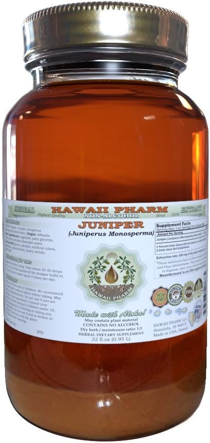 Juniper Alcohol- Free Liquid Extract, Organic Juniper (Juniperus Monosperma) Dried Berry Glycerite Hawaii Pharm Natural Herbal Supplemen 32 oz Unfiltered