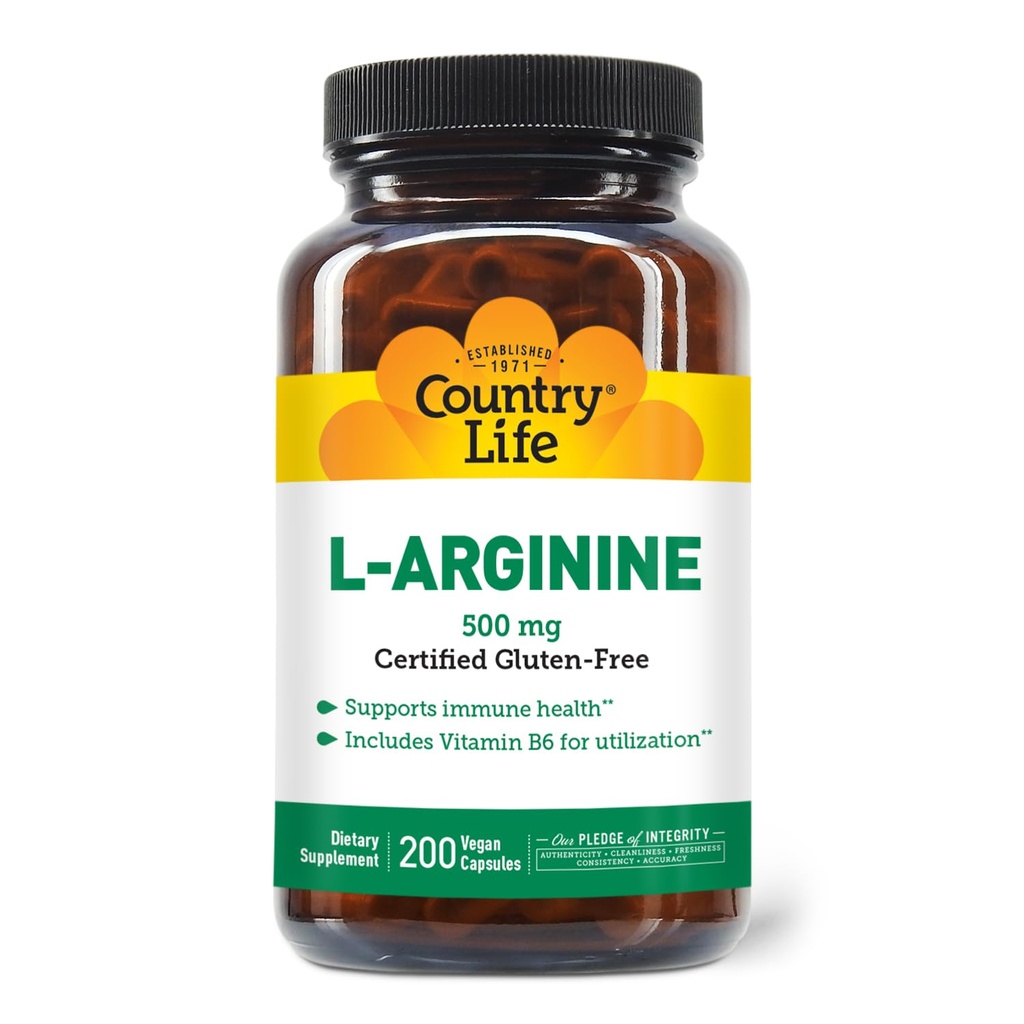 Country Life L-Arginine Caps dengan Vitamin B-6, 500mg, 200 Vegan Capsules, Disertifikasi Gluten Bebas, Sertifikasi Vegan