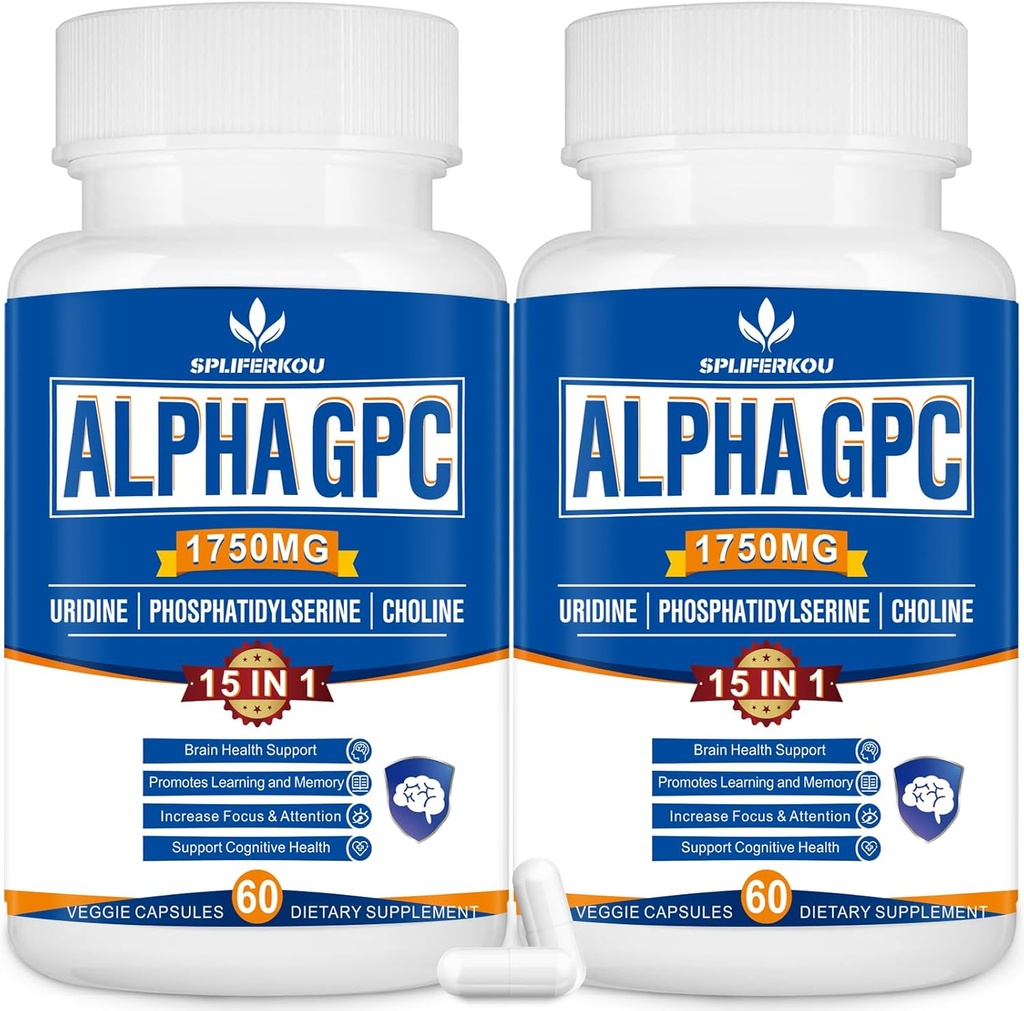 15 in- 1 Alpha GPC Suplemen dengan Phoshatidyserine, Uridine, L-Theanine, Moshroom Mane Lion, 120 Capsules