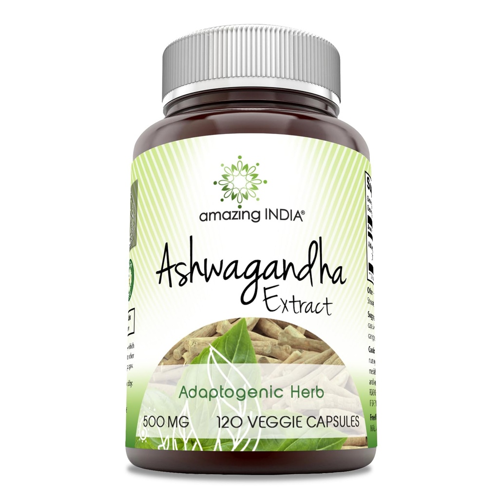 Amazing India Ashwagandha 500 mg Veggie Capsules Suplemen 124; Dibuat dengan Ashwagandha Alam 124; Non-GMO 124; Gluten Bebas (120 Count)