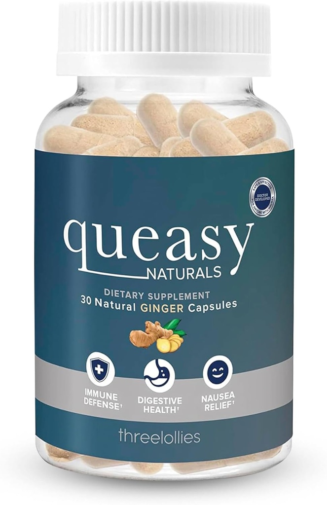 Three Lollies Queasy Descenals Ginger Capsules - Non-Drowsy Nausea Relief Sufflement - Motion Sickness Prection & Nausea Relief Selama kemoterapi - 100mg Ginger Root - 30 Caps