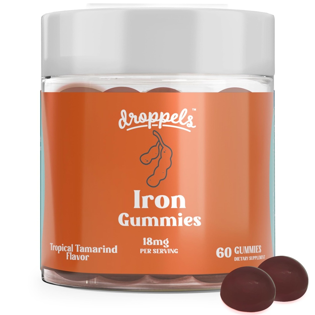 Droppel Iron Gummies 18mg for Women and Men - Vegan Plant - berbasis Iron Suplemen 124; Supports Energy & Blood Health 124; Pectin- Based, Non-GMO, Gluten & gelatin Free 124; Tamarind Flavor, 60 Count