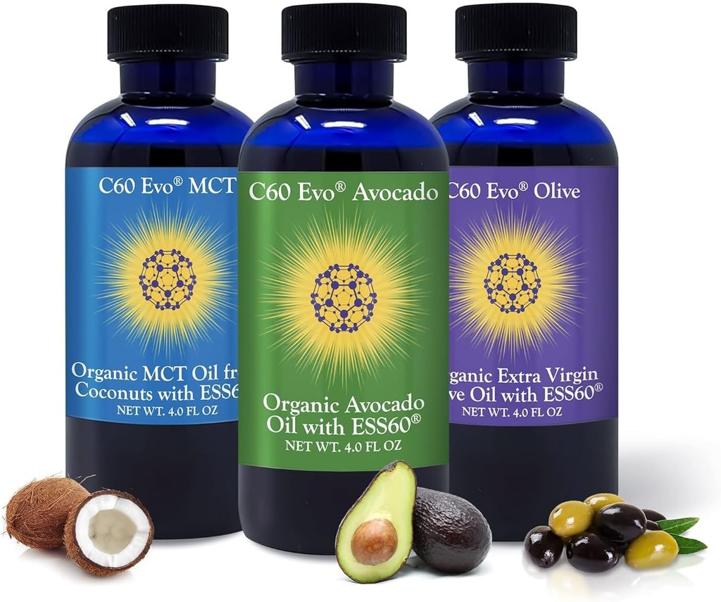 Minyak Edible Natural, 4oz Sampler Set dengan C60 Murni ESS60, Dukungan Ammune dan Dukungan Gabungan dengan Zaitun Oil, Avocado Oil & MCT Coconut Oil, Set 3, 4 oz