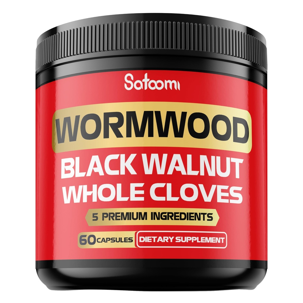 Satoomi 5 dalam 1 Wormwood Capsules Suplement - Diekstrak dari Black Walnut, Whole Cloves, Turmeric dan Berberine HCI - Sistem kekebalan & Distry Kesehatan - 60 Capsules