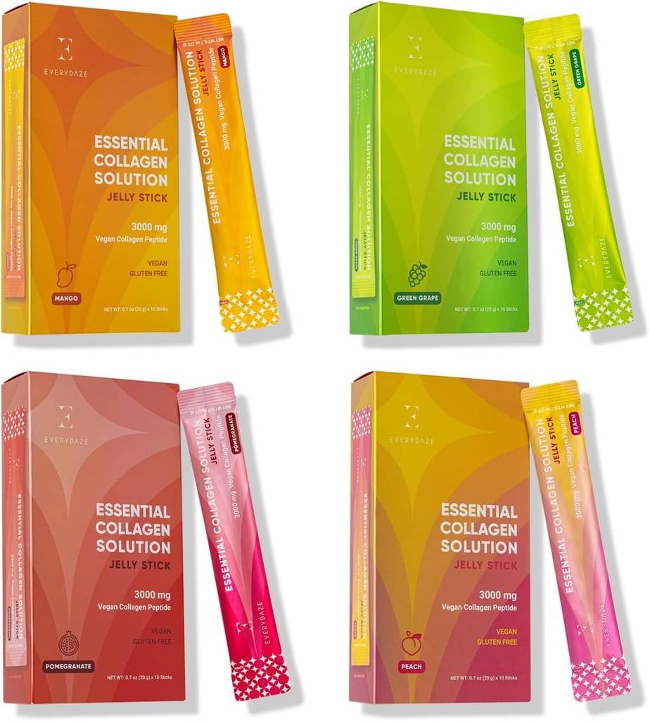 EveryDAZE Estigene Collagen Solution Jelly Stick 124; 40 Variety Pack 124; Peach, Mango, Green Grape, Prape, Pomegrant 124; Vegan Peptide Suplemen: 124; Rambut, Skin, Nail, Bone Health for Men & Women