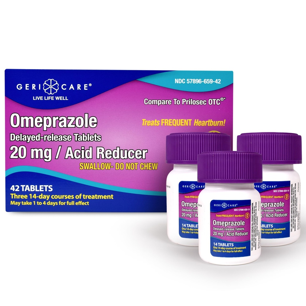 Omeprazole GeriCare Delared Delayed Tablet 20mg Acid Reducer Pills selama 24 Hour Heartburn Relief Medicine Acid Reflux untuk Memperlakukan Heartburn- Anti- Acid Relief Talet (42 Count)