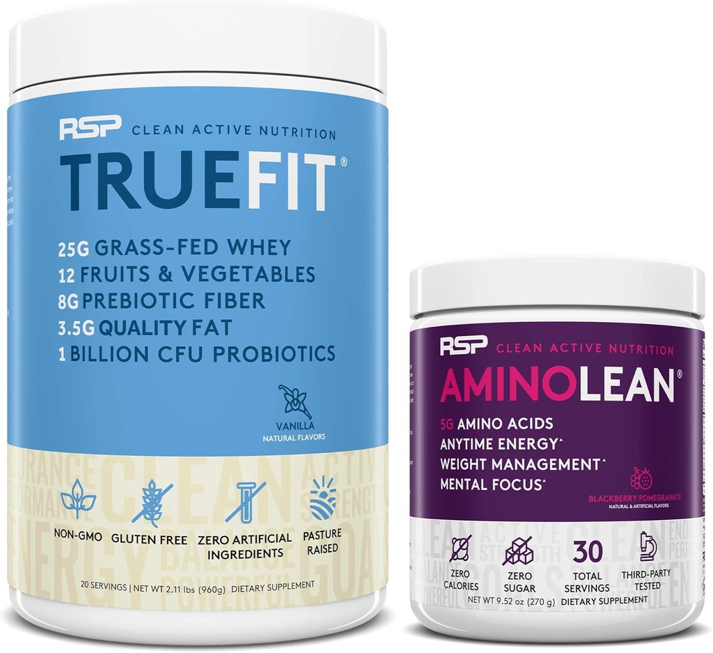 RSP NUTRITITION Aminolean Pre Workout Energy (BlackBerry Poteculate 30 Servings) dengan TrueFit Protein Powder (Vanilla 2 LB)