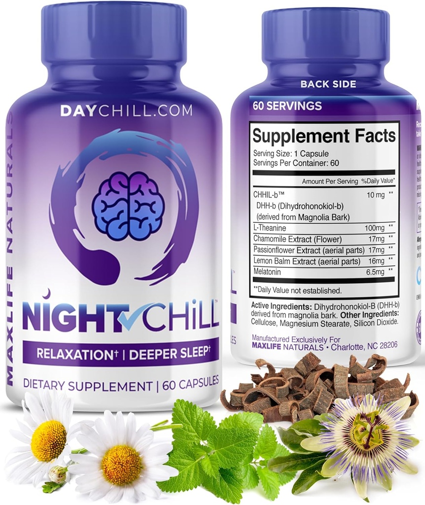 Tambahan Malam Chill Sleep - 60 Kapsul - Dukungan Tidur yang Penuh dengan DH-B dari Magnolia Bark dan L-Theanine Suplemen - Stress Tenang Mood Dukungan - Pil Tidur untuk Dewasa oleh MaxLife Suplemen