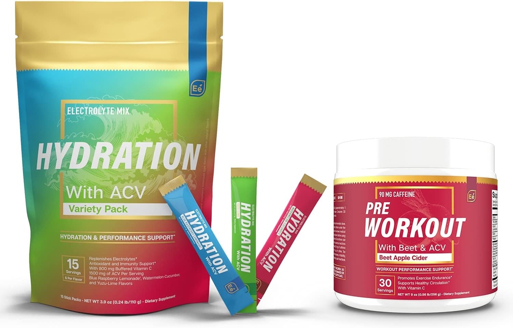 Sugar Free Hidration Powder Variety - 15 Stick Packs & PreWorkout Powder dengan ACV 124; Heat, Exercise, Travel, Daily Hydration + Superfood Energy & All-Natural Nitric Oxide Booster Plus Caffeine