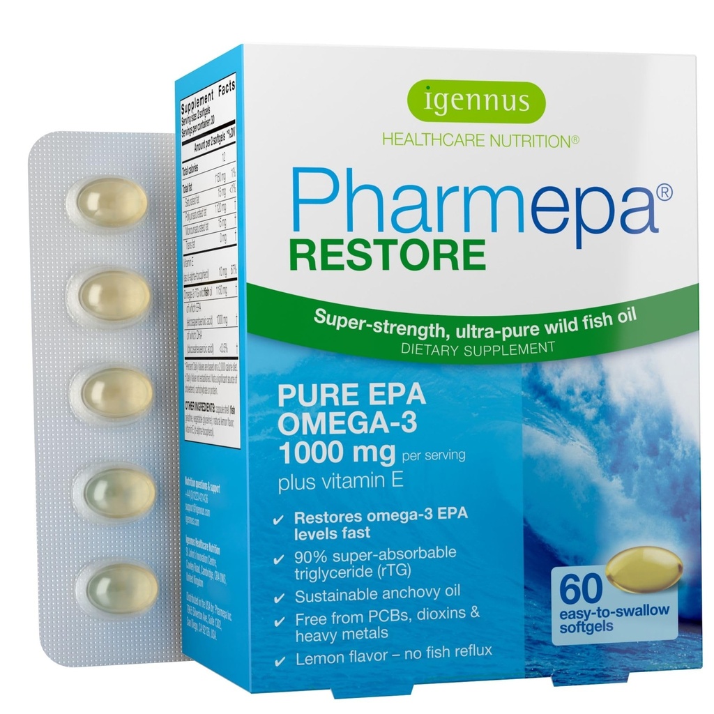 Igennus Pharmepa Restore, EPA murni 1000mg, Omega 3 rTG Fish Oil, IFOS Certified, Tinggi Absorpsi, 90% Konsentrasi Triple Kekuatan, Wild & Sustaminable, Lemon Flavor, 1 - Bulan Supply, 60 Softgels
