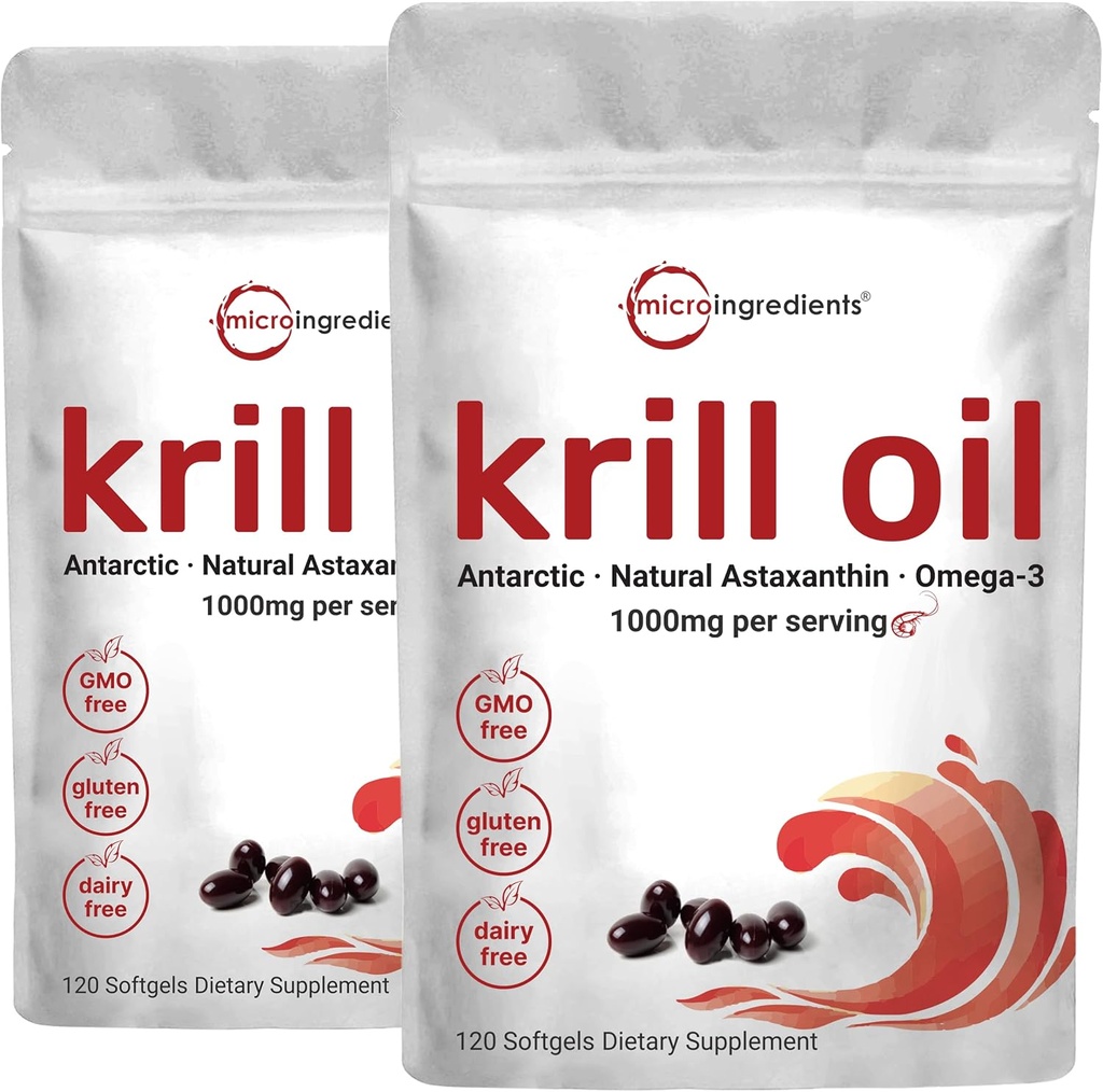 2 Pack Antartika Krill Suplemen, 1000mg Per Serving, 120 Soft- Gels Masing-masing, Rich di Omega- 3, EPA, DHA & Astaxanthin, Mendukung Kesehatan Otak, Premium Krimium Krill Oil Capsules Softgeels