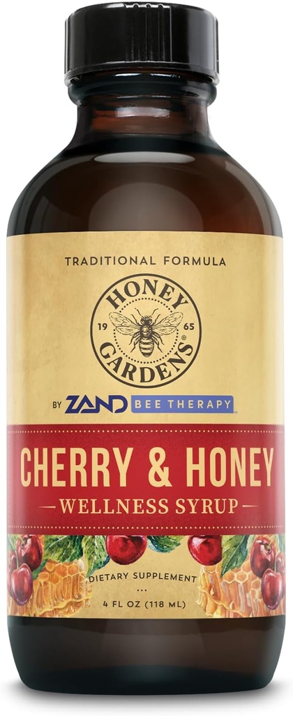 Honey Gardens Cherry & Honey Soothing Throat Syrup, Apitherapy Formula dengan Organic Raw Honey, Organic Apple Cider, Black Cherry, dan Herbal Extracts, 24 Servings, 4 FL.