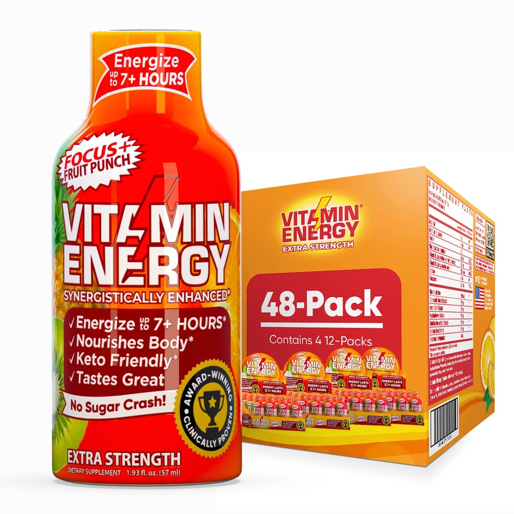 Fokus Energi Vitamin + Ekstra Energi Shot Fruit 48 Pack, 260mg Natural Caffeine, B-Vitamin, CoQ10, Amino Acids, Focus, Produtivitas & Kejelasan, Nol Gula, Gluten- Free, 1.93 fl oz