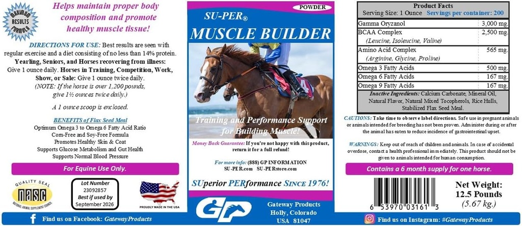 SU-PER Muscle Builder Tambahan Kuda - Pelatihan dan Performance Dukungan untuk Latihan Otot - 12,5 Pound, 6 Bulan Supply