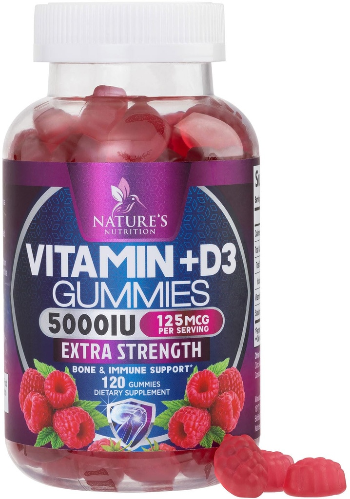 Vitamin D3 Supplement Gummy 5000 (125 mcg) Dietary Vitamine D for Men & Women - Bone, Teeth, Muscle and Imune Health Dukung, High Potency Vit D3 Nature Nor-GMO & Gluten Free - 120 Gummies