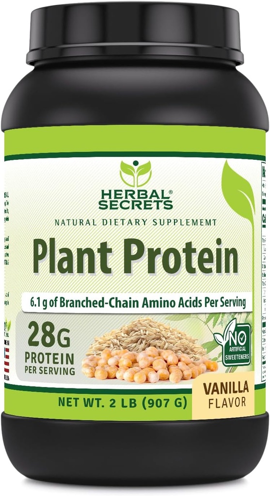 Herbal Secrets Plant Protein 2 Lb Powder 124; 28 Grams Protein per Serving 124; 6.1 Grams BCAA 124; Vegan Suplemen 124; 23 Servings 124; Dibuat di USA (2 Lb, Vanilla)