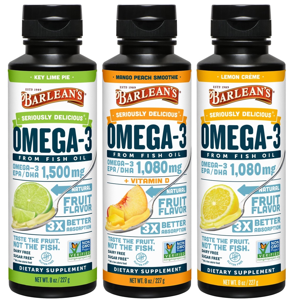 Barlean Omega 3 Oil Liquid Suplemen 3-Flavor Variety Pack for Men and Women, EPA and DHA Fatty Acid, Termasuk Key Lime Pie, Lemon Crème dan Mango Peach Flavors, 8 oz