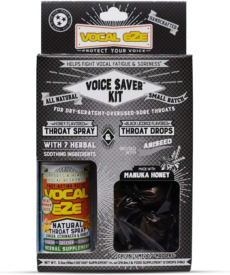 Vocal Eze Voice Saver Kit, termasuk Vocal Herbal Throat Spray (1) dan (12) Manuka Honey Drops 14; Relieve Sore, Houss, Fatigue, Dryness of Throat 124; Ammune Support, Natural Ingregents (Aniseed)