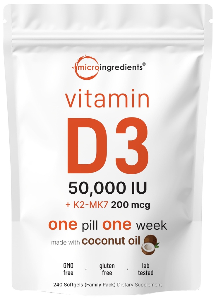 Mikro Ingrediens Vitamin D3 50.000 IU + K2 MK-7 200 mcg, 240 Softgels 124; Virgin Coconut Oil 124; 2- 1 Bone, Imune & Heart Dukungan 124; Mudah ditelan, Non-GMO